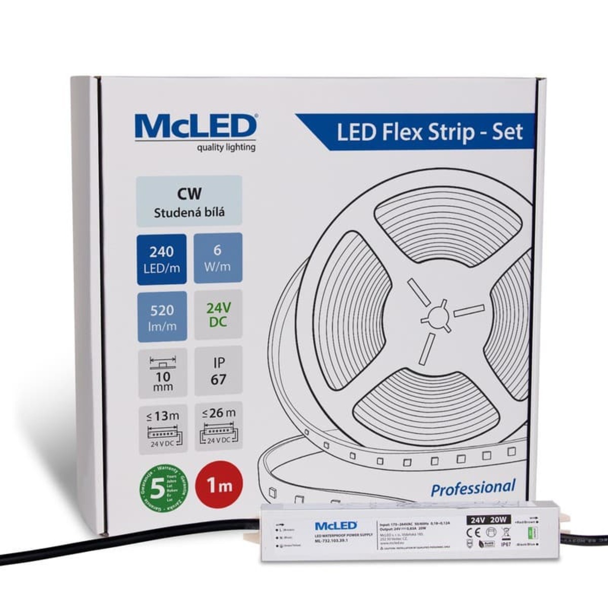 McLED LED páska - sada 1 m, 240 LED/m, CW, 6 W/m, DC 24V, 520 lm/m, CRI90, IP67, 10 mm, vodič 3 m ML-126.032.90.S01001