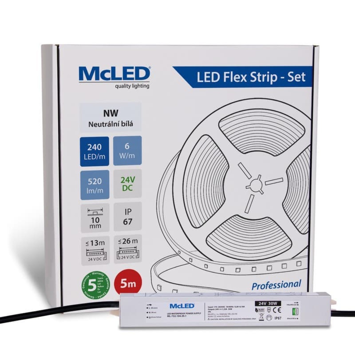 McLED LED páska - sada 5 m, 240 LED/m, NW, 6 W/m, DC 24V, 520 lm/m, CRI90, IP67, 10 mm, vodič 3 m ML-126.033.90.S05001