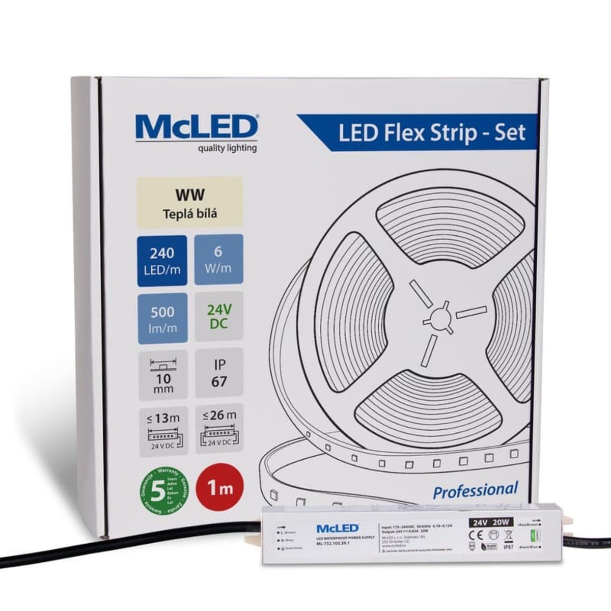 McLED LED páska - sada 1 m, 240 LED/m, WW, 6 W/m, DC 24V, 500 lm/m, CRI90, IP67, 10 mm, vodič 3 m ML-126.034.90.S01001