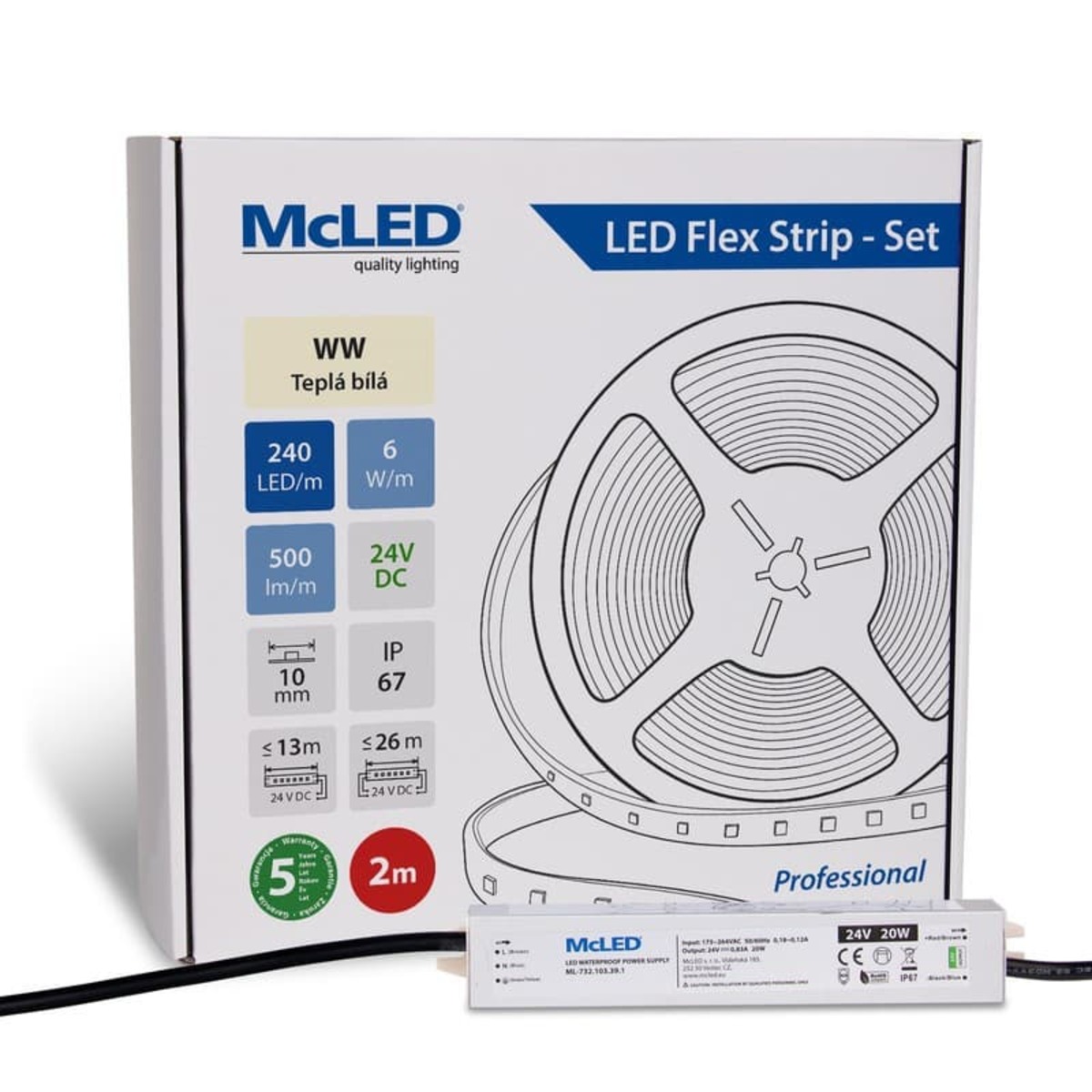 McLED LED páska - sada 2 m, 240 LED/m, WW, 6 W/m, DC 24V, 500 lm/m, CRI90, IP67, 10 mm, vodič 3 m ML-126.034.90.S02001